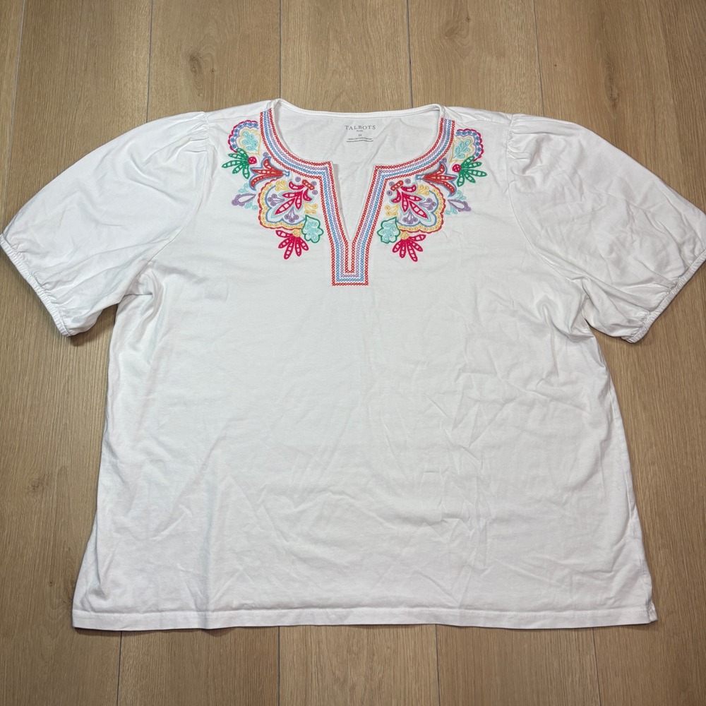 Talbots Plus White Embroidered Split Neck Cotton Top Short Sleeve 3X Floral
